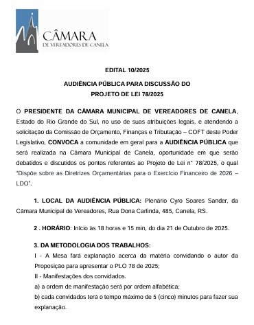 Edital 10/2025: AUDIÊNCIA PÚBLICA - LDO 2026 